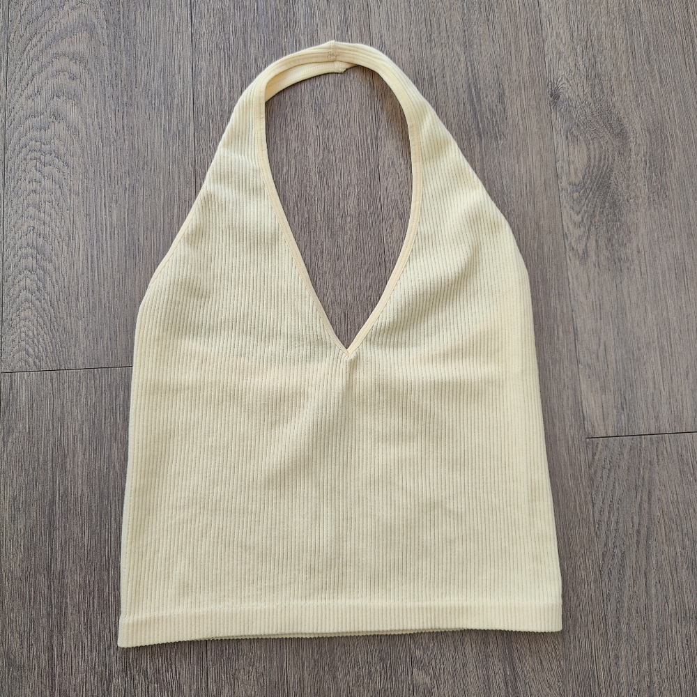Cotton Candy Pale Yellow Ribbed Halter Tank Top
